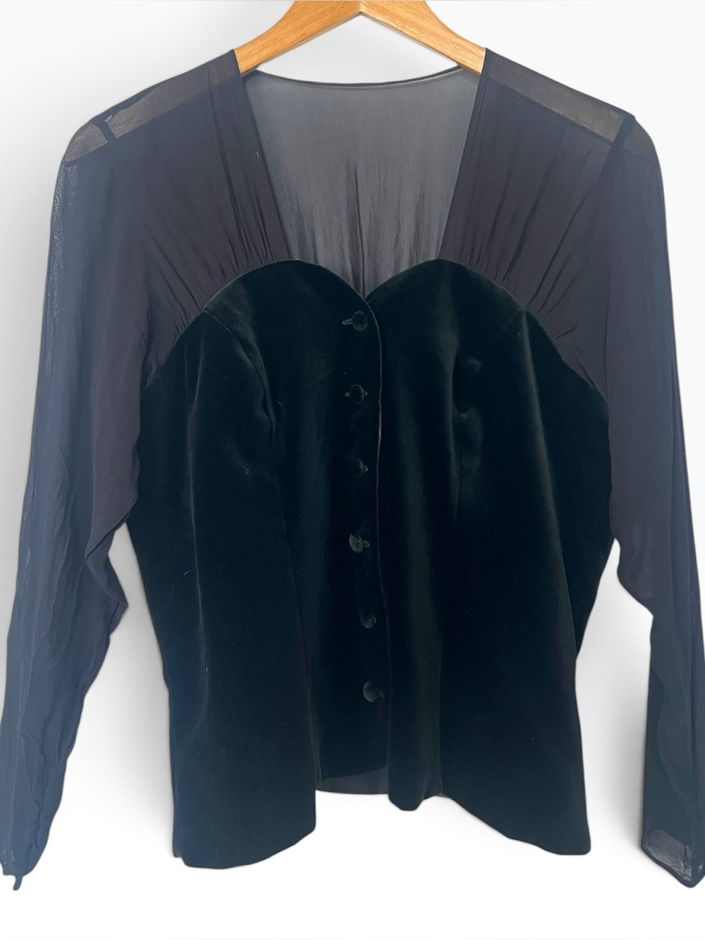 Laura Ashley Black Velvet and Sheer Button-Up Blouse